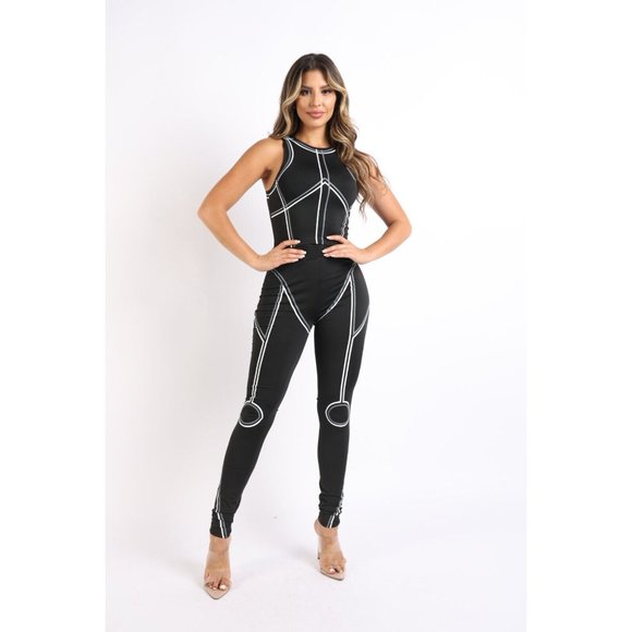 Women's Silhouette Sketch Printed Sleeveless Top And Matching Pants Leggings Set - Picture 2 of 7